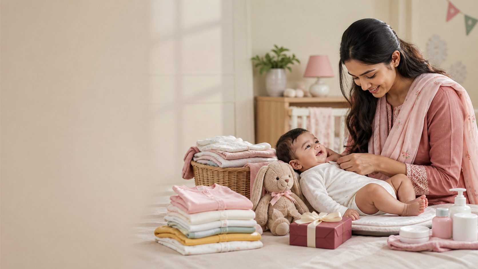 Parent holding a baby in a bright home